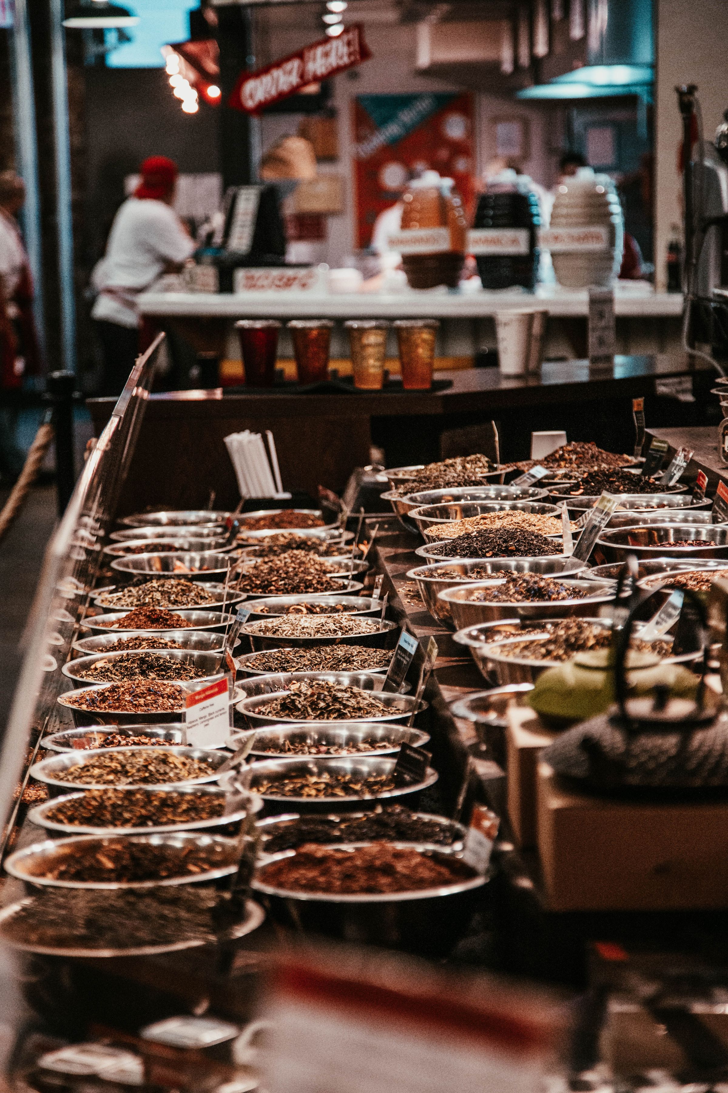 Rows of colourful spices for sale